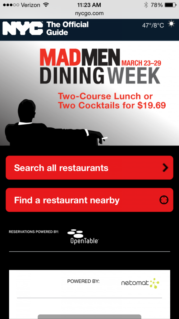 Mad Men Dining Week mobile homepage